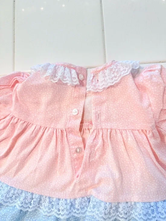 Vintage Baby Girl 6-9m Dress &Bloomer Set Roanna Pink Blue Ditzy Floral Lace 80s - Picture 8 of 14